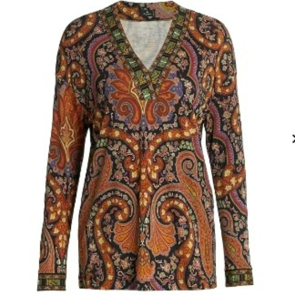 NWT ETRO  100% Wool Maglia Palm Springs V-neck Paisley Pullover Sweater Top. 8
